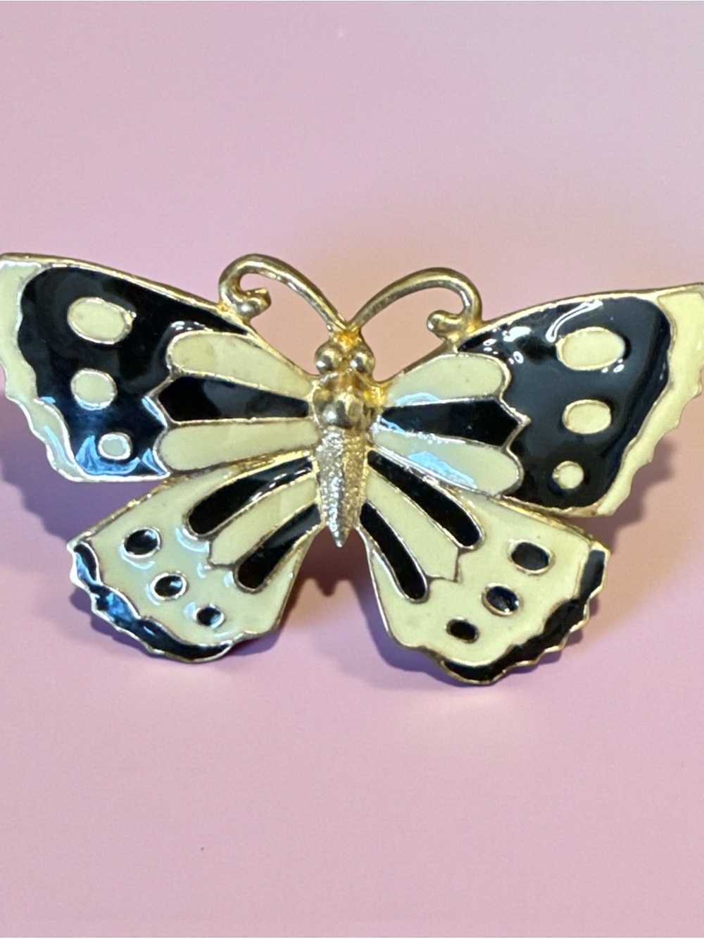 Vintage Gold Black and Cream Butterfly Brooch - Women Jewelry - Picture 2 of 6
